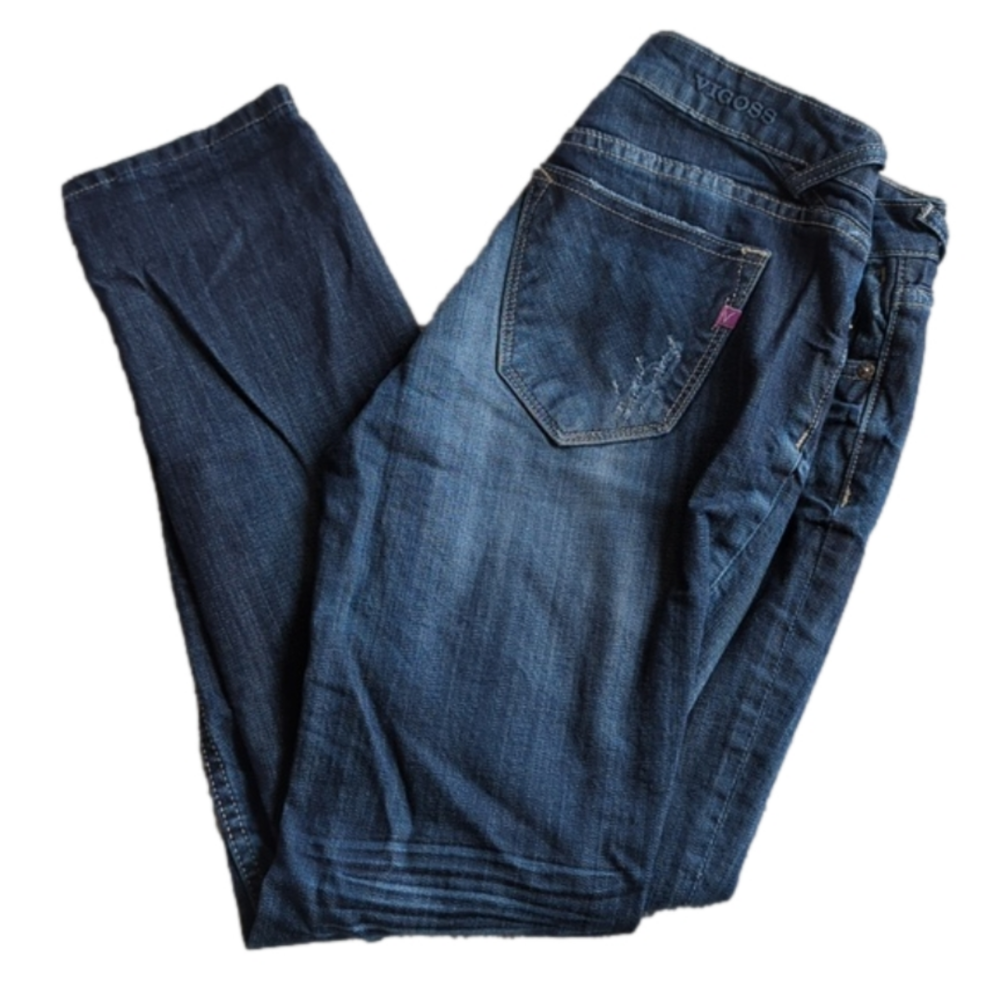 Vigoss Distressed Dark Wash Mid Rise Boyfriend Rolled Up Skinny Blue Jean Size 5